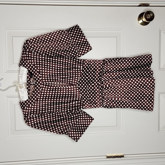 Bcbgmaxazria Satin Maroon/Brown & Ivory Polka Dot Peep Hole Blouse Size S - Picture 1 of 9